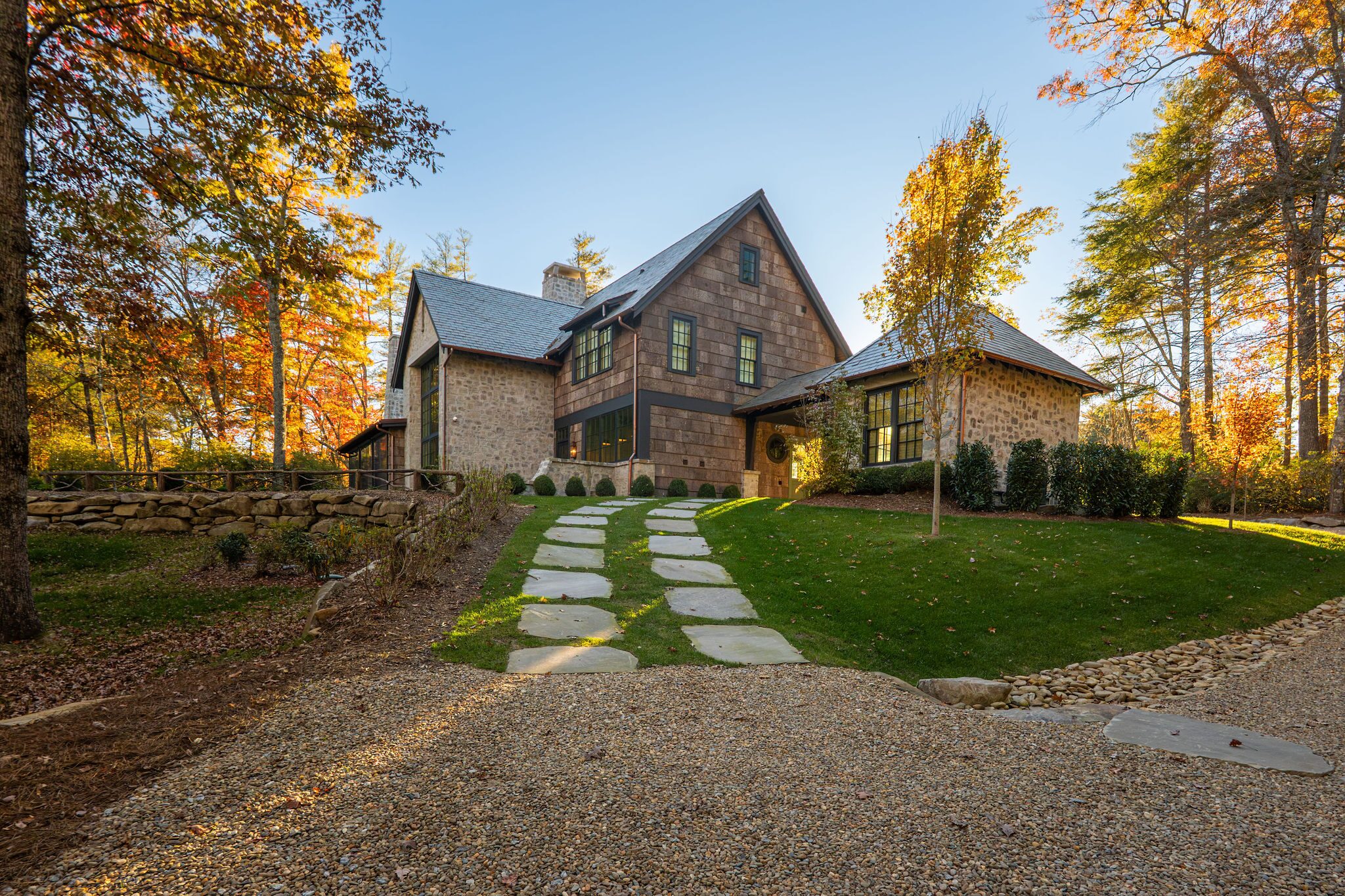 Approach to a stone and shingle home, High Hampton, Cashiers NC