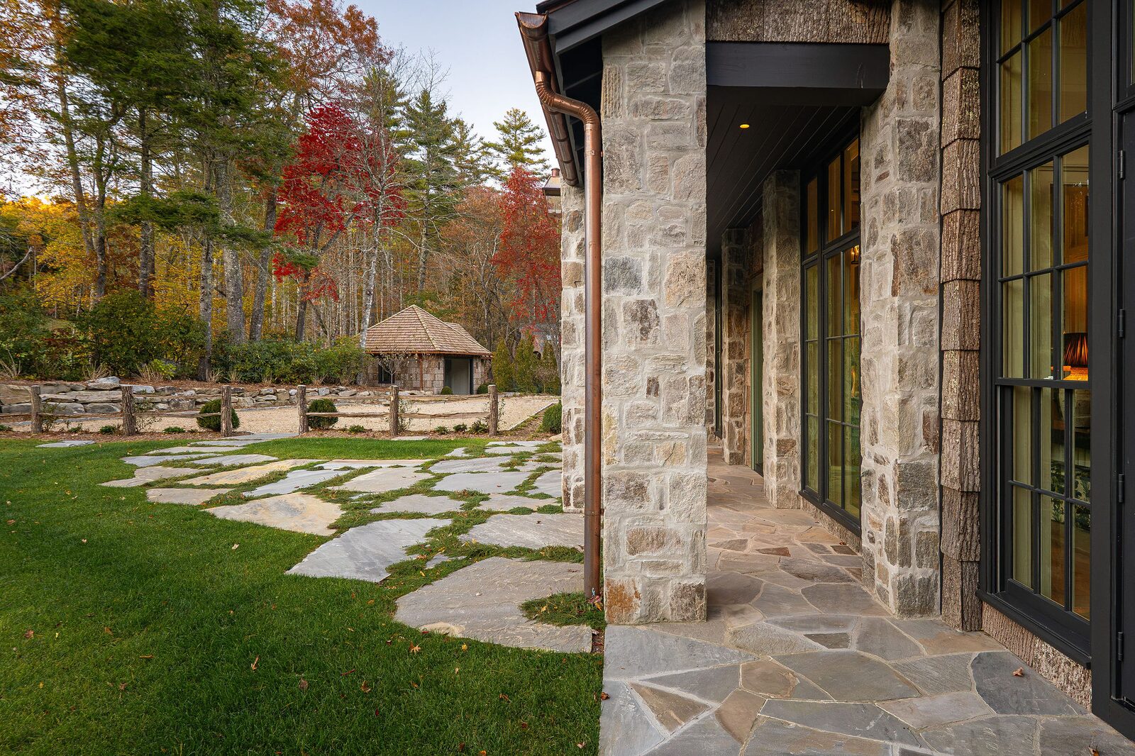 Stone colonnade and flagstone terrace, Cashiers NC