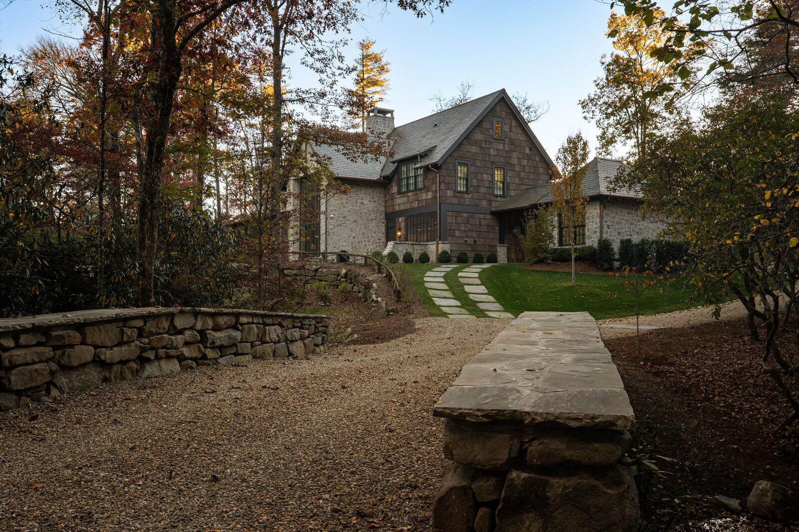 Stone retaining wall and gravel drive, High Hampton, Cashiers NC